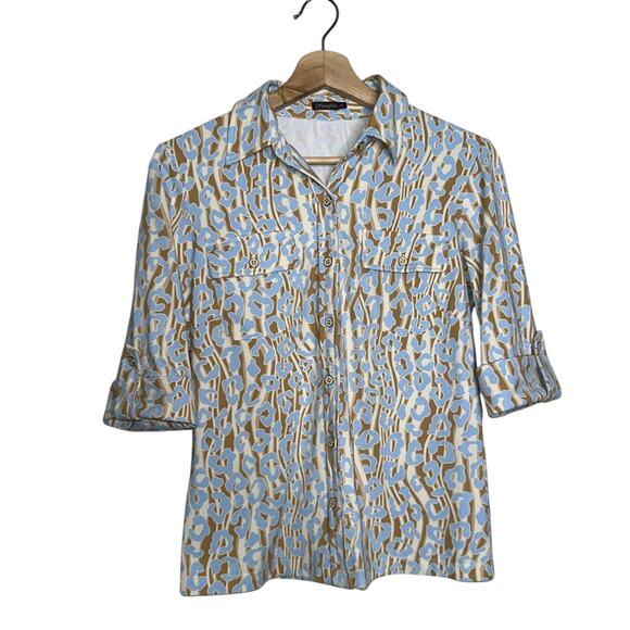 J. McLaughlin Catalina Cloth Leopard Print Button Down Blue Tan Blouse XS - Picture 1 of 6